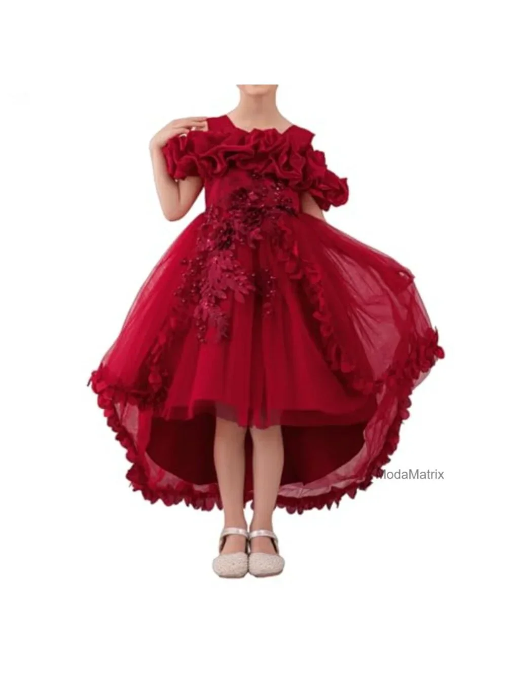 Girls Princess Dress Ruffle Tulle Satin Pageant Gown with Train
